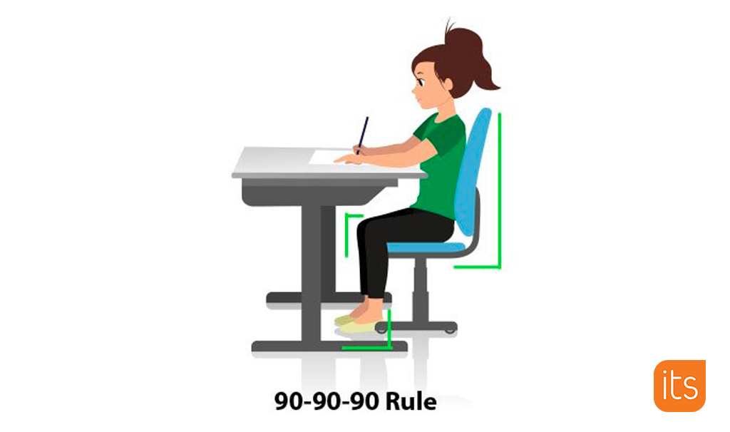 Illustration af et barn, der sidder ved et skrivebord med god kropsholdning.