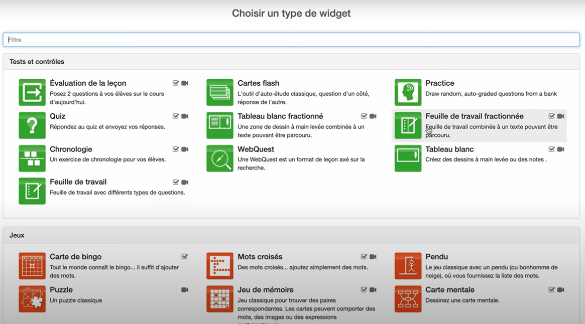 BookWidgets interface, der viser biblioteket med tekster, øvelser og spil.